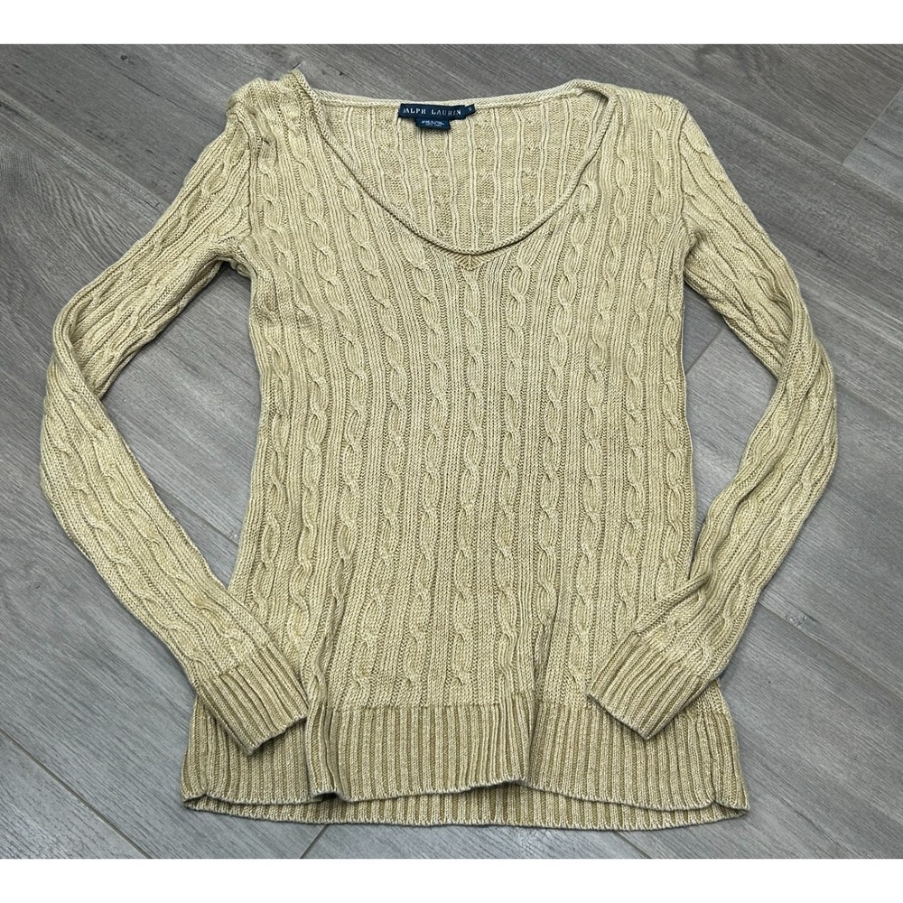 Ralph Lauren Cable Knit Sweater Womens Small Beige 100% Linen V Neck Classic Top